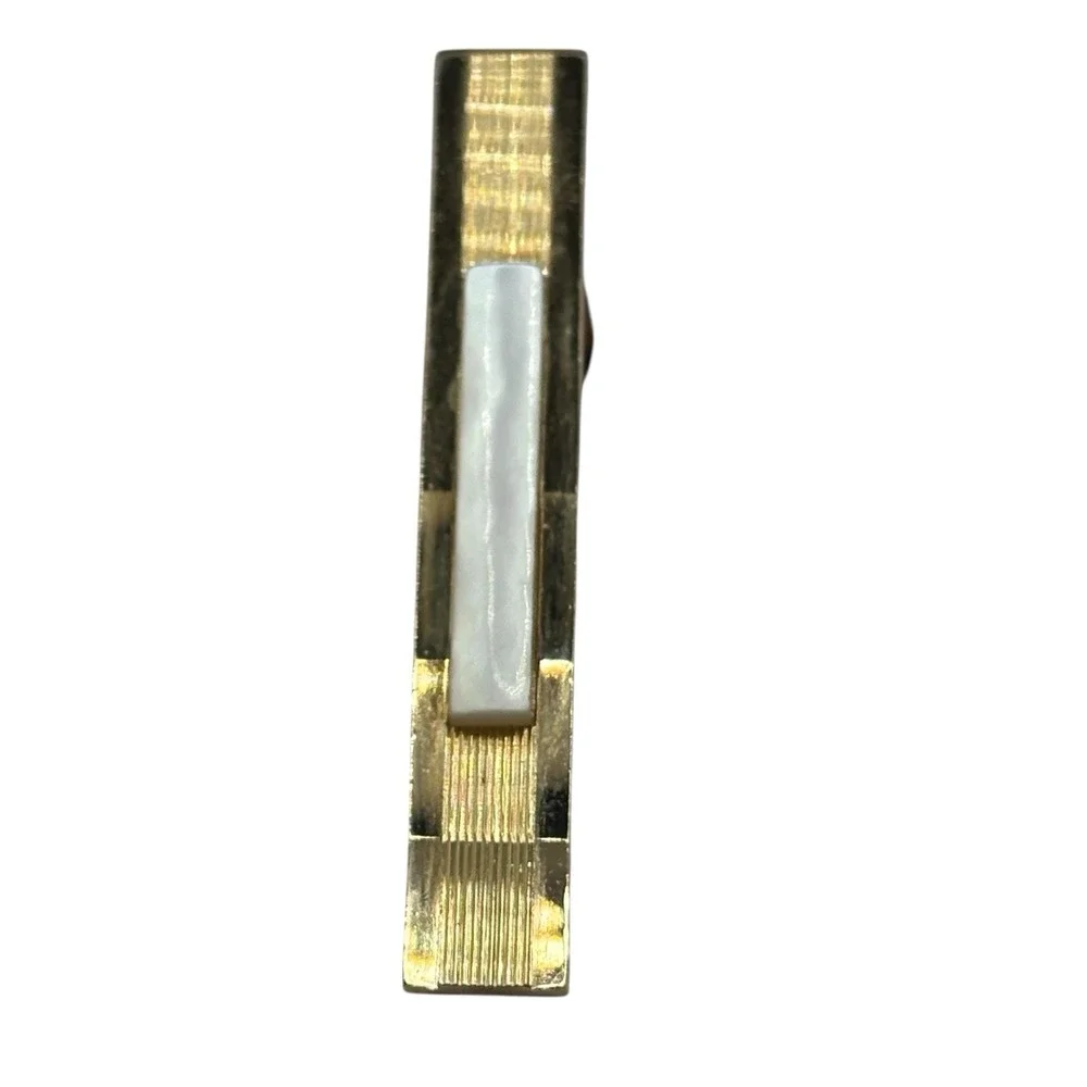 Vintage Swank Cufflinks‎ Tie Bar Set Gold Tone Metal Mother Of Pearl Rectangle